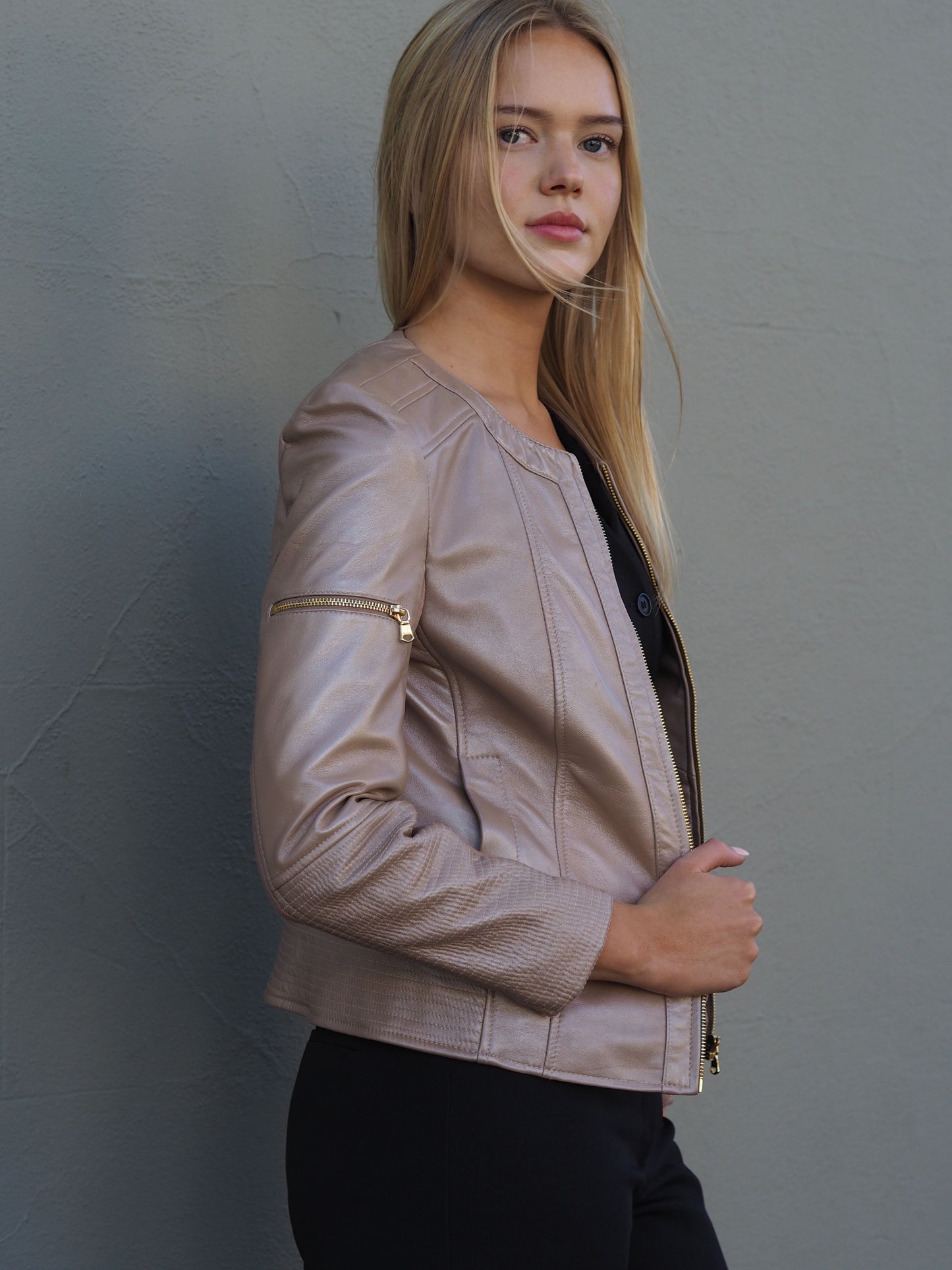 Josette Metallic Leather Jacket | Champagne Metallic