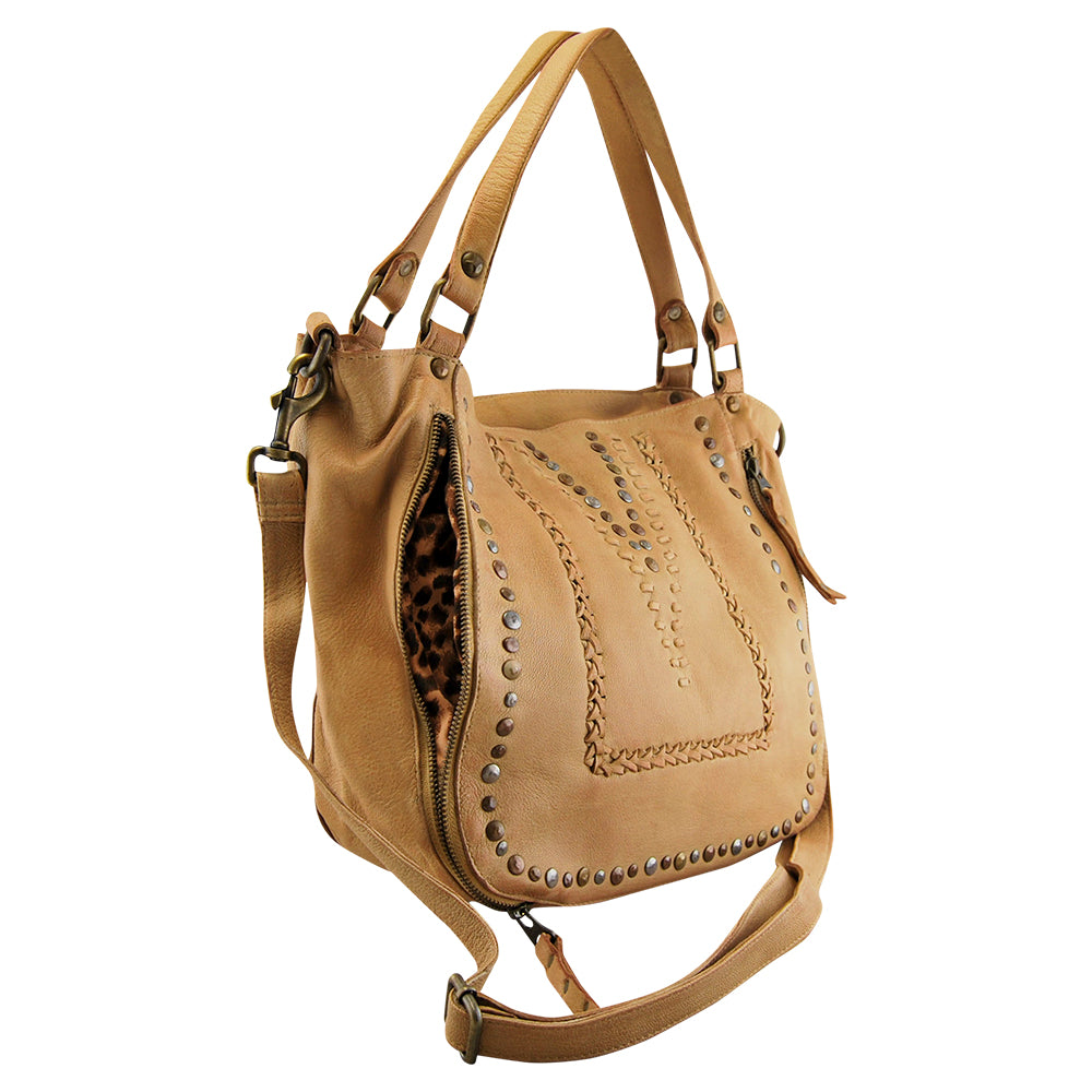 Mila Stitch & Stud Leather Tote | Camel | Pre-Order