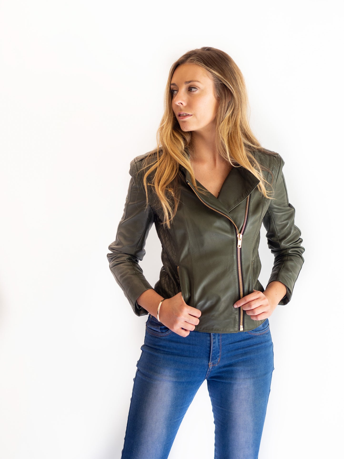 Sophie Quilted Detail Biker | Olive