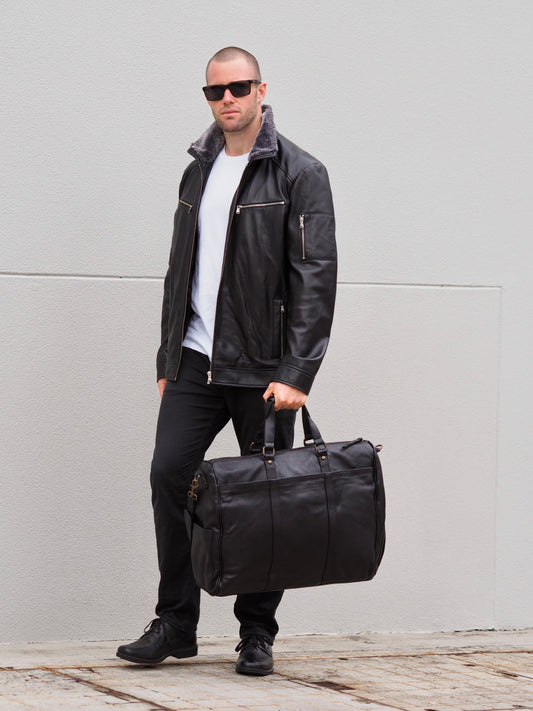 Charlie Unisex Overnighter Leather Bag | Black | Pre-order