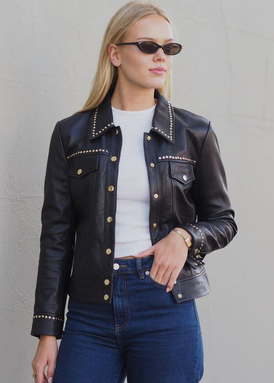 Danni Studded Leather Jean Jacket | Black
