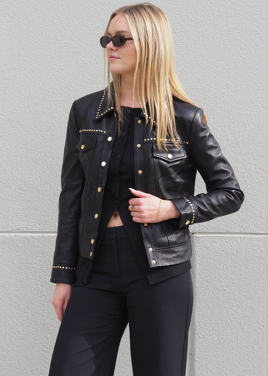 Danni Studded Leather Jean Jacket | Black