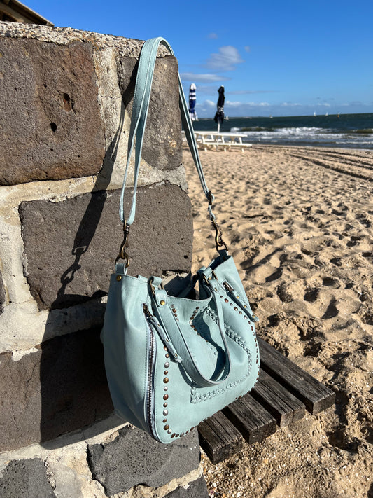 Mila Stitch & Stud Leather Tote | Pale Blue | Pre-Order