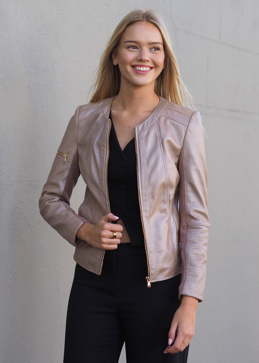 Josette Metallic Leather Jacket | Champagne Metallic