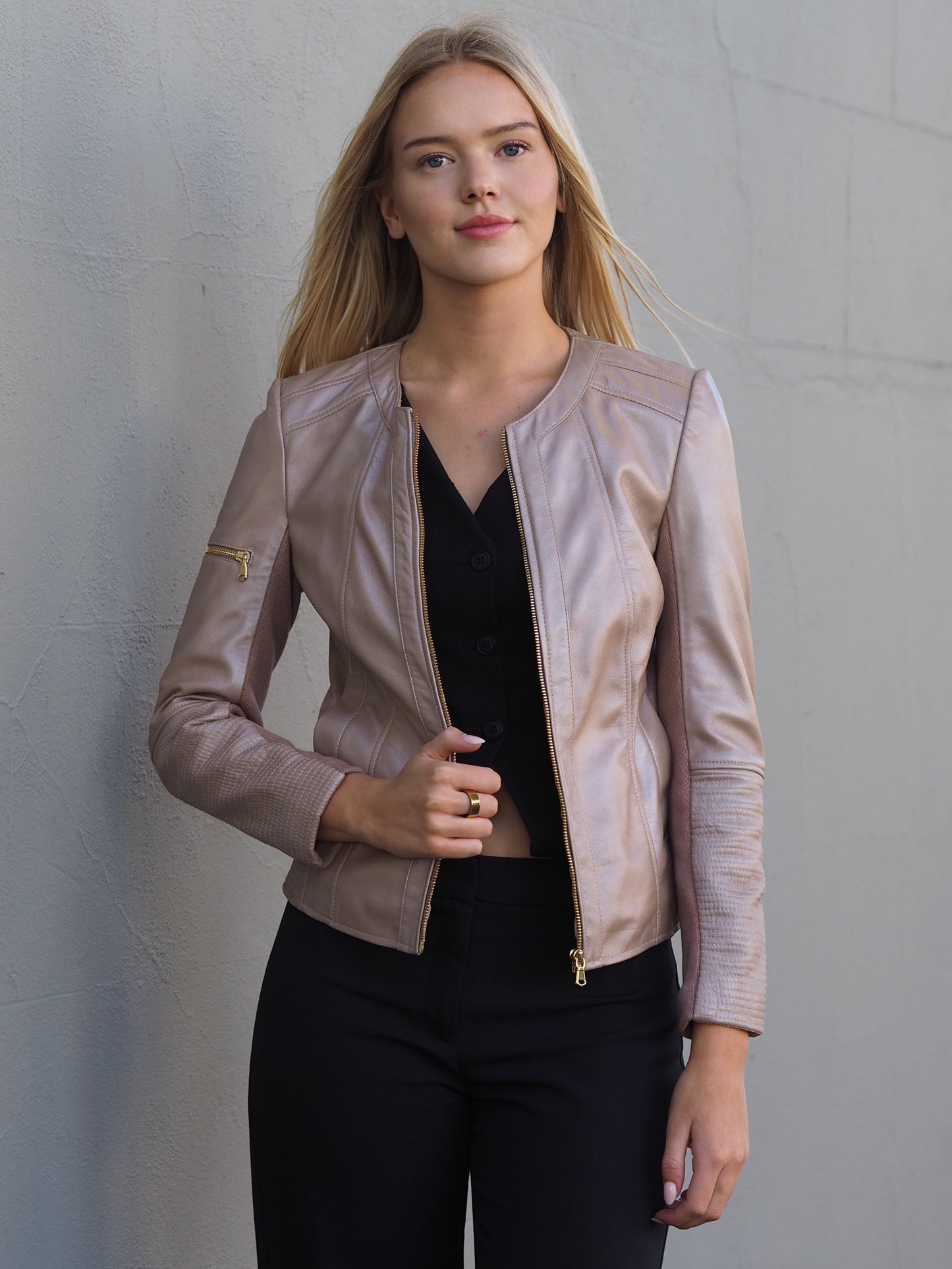 Josette Metallic Leather Jacket | Champagne Metallic